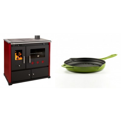 Set Küchenofen / Küchenhexe Prometey Practik Lux mit rechtem Kamin, burgunderrot, 9.5kW + Emaillierte grillpfanne Gusseisen Solagio, Bamboo, Ф24cm - Kaminofen - Holzofen mit Backfach