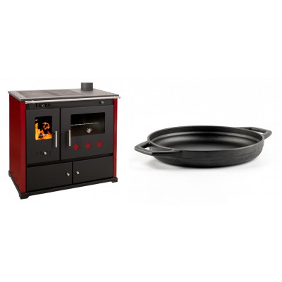 Set Küchenofen / Küchenhexe Prometey Practik Lux mit rechtem Kamin, burgunderrot, 9.5kW + Emaillierte gusseisenpfanne mit zwei Griffen Solagio, Black Onyx, Ф22cm - Kaminofen - Holzofen mit Backfach