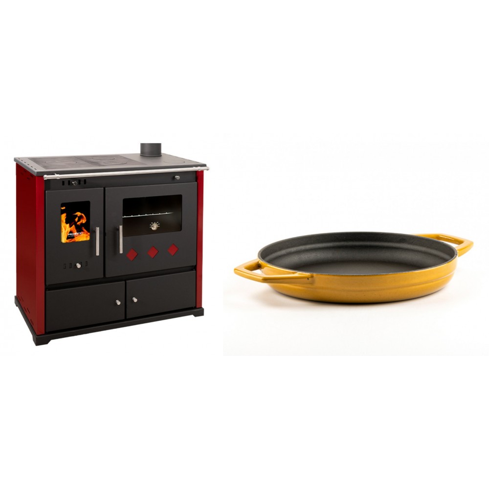 Set Küchenofen / Küchenhexe Prometey Practik Lux mit rechtem Kamin, burgunderrot, 9.5kW + Emaillierte gusseisenpfanne mit zwei Griffen Solagio, Dijon, Ф22cm | Kaminofen - Holzofen mit Backfach | Kaminofen |