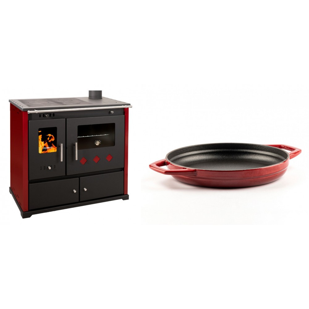 Set Küchenofen / Küchenhexe Prometey Practik Lux mit rechtem Kamin, burgunderrot, 9.5kW + Emaillierte gusseisenpfanne mit zwei Griffen Solagio, Rubin, Ф22cm | Kaminofen - Holzofen mit Backfach | Kaminofen |