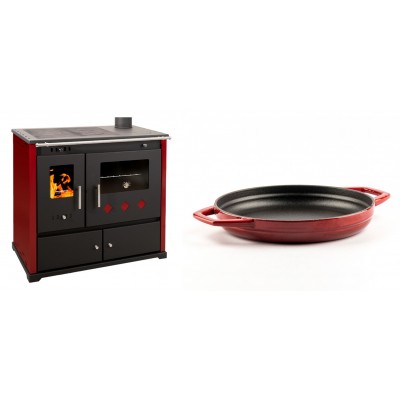 Set Küchenofen / Küchenhexe Prometey Practik Lux mit rechtem Kamin, burgunderrot, 9.5kW + Emaillierte gusseisenpfanne mit zwei Griffen Solagio, Rubin, Ф22cm - Kaminofen - Holzofen mit Backfach