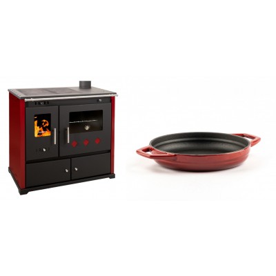 Set Küchenofen / Küchenhexe Prometey Practik Lux mit rechtem Kamin, burgunderrot, 9.5kW + Emaillierte gusseisenpfanne mit zwei Griffen Solagio, Rubin, Ф19cm - Kaminofen - Holzofen mit Backfach