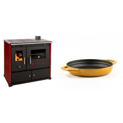 Set Küchenofen / Küchenhexe Prometey Practik Lux mit rechtem Kamin, burgunderrot, 9.5kW + Emaillierte gusseisenpfanne mit zwei Griffen Solagio, Dijon, Ф19cm - Kaminofen - Holzofen mit Backfach