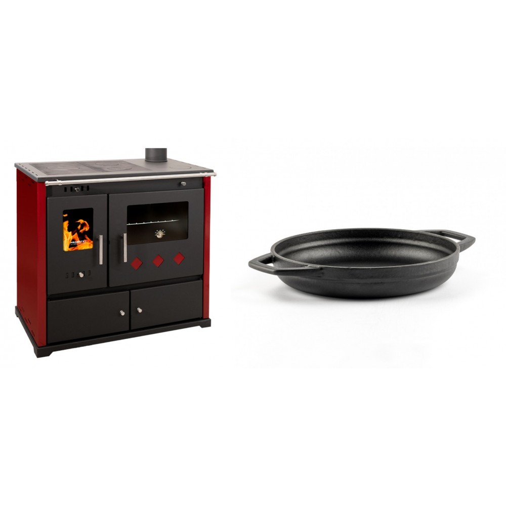 Set Küchenofen / Küchenhexe Prometey Practik Lux mit rechtem Kamin, burgunderrot, 9.5kW + Emaillierte gusseisenpfanne mit zwei Griffen Solagio, Black Onyx, Ф19cm