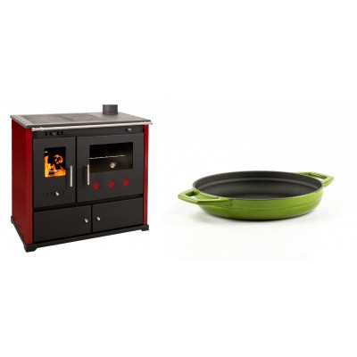Set Küchenofen / Küchenhexe Prometey Practik Lux mit rechtem Kamin, burgunderrot, 9.5kW + Emaillierte gusseisenpfanne mit zwei Griffen Solagio, Bamboo, Ф19cm - Kaminofen - Holzofen mit Backfach