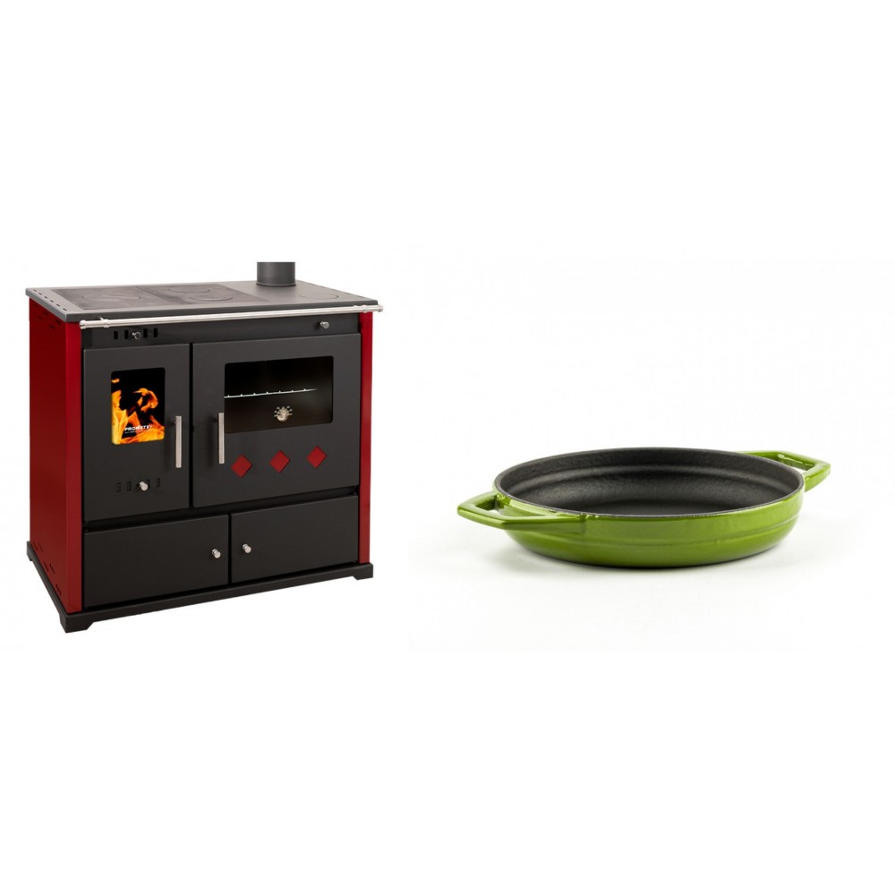 Set Küchenofen / Küchenhexe Prometey Practik Lux mit rechtem Kamin, burgunderrot, 9.5kW + Emaillierte gusseisenpfanne mit zwei Griffen Solagio, Bamboo, Ф16cm