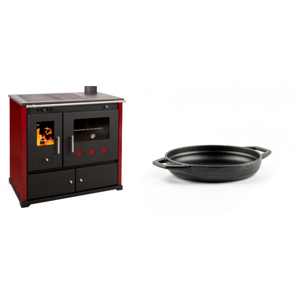 Set Küchenofen / Küchenhexe Prometey Practik Lux mit rechtem Kamin, burgunderrot, 9.5kW + Emaillierte gusseisenpfanne mit zwei Griffen Solagio, Black Onyx, Ф16cm | Kaminofen - Holzofen mit Backfach | Kaminofen |