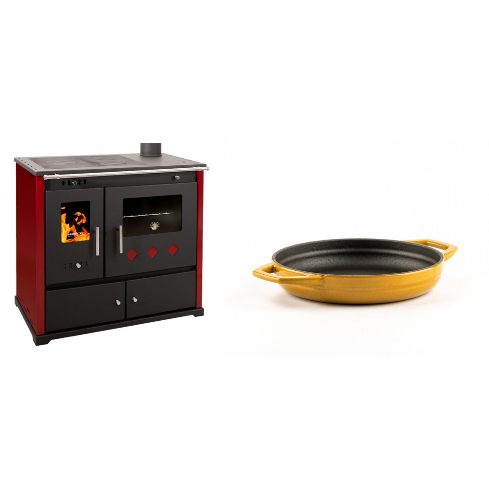 Set Küchenofen / Küchenhexe Prometey Practik Lux mit rechtem Kamin, burgunderrot, 9.5kW + Emaillierte gusseisenpfanne mit zwei Griffen Solagio, Dijon, Ф16cm