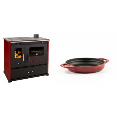 Set Küchenofen / Küchenhexe Prometey Practik Lux mit rechtem Kamin, burgunderrot, 9.5kW + Emaillierte gusseisenpfanne mit zwei Griffen Solagio, Rubin, Ф16cm - Kaminofen - Holzofen mit Backfach