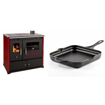 Set Küchenofen / Küchenhexe Prometey Practik Lux mit rechtem Kamin, burgunderrot, 9.5kW + Emaillierte Gusseisenpfanne Solagio, Black Onyx, 28x28cm - Kaminofen - Holzofen mit Backfach