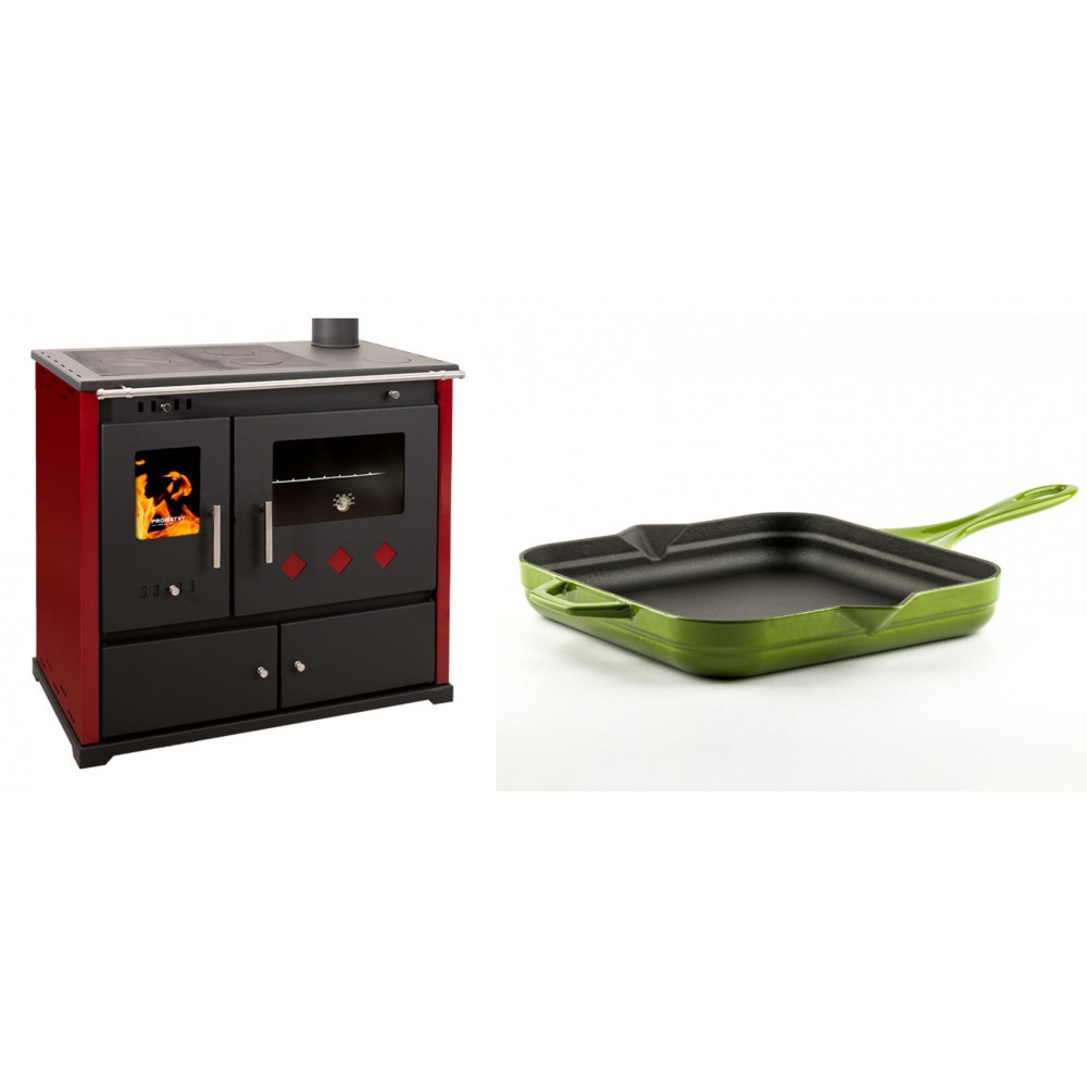 Set Küchenofen / Küchenhexe Prometey Practik Lux mit rechtem Kamin, burgunderrot, 9.5kW + Emaillierte Gusseisenpfanne Solagio, Bamboo, 28x28cm