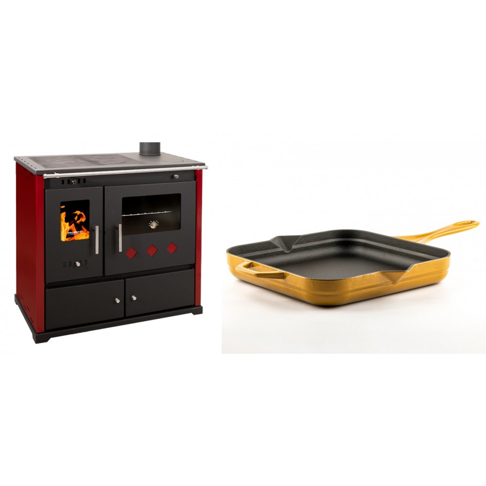 Set Küchenofen / Küchenhexe Prometey Practik Lux mit rechtem Kamin, burgunderrot, 9.5kW + Emaillierte Gusseisenpfanne Solagio, Dijon, 28x28cm