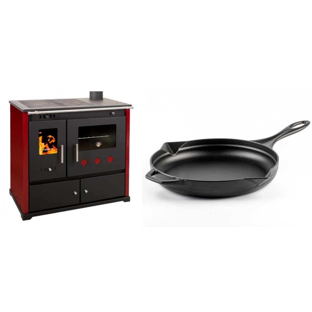 Set Küchenofen / Küchenhexe Prometey Practik Lux mit rechtem Kamin, burgunderrot, 9.5kW + Emaillierte Gusseisenpfanne Solagio, Black Onyx, Ф28cm