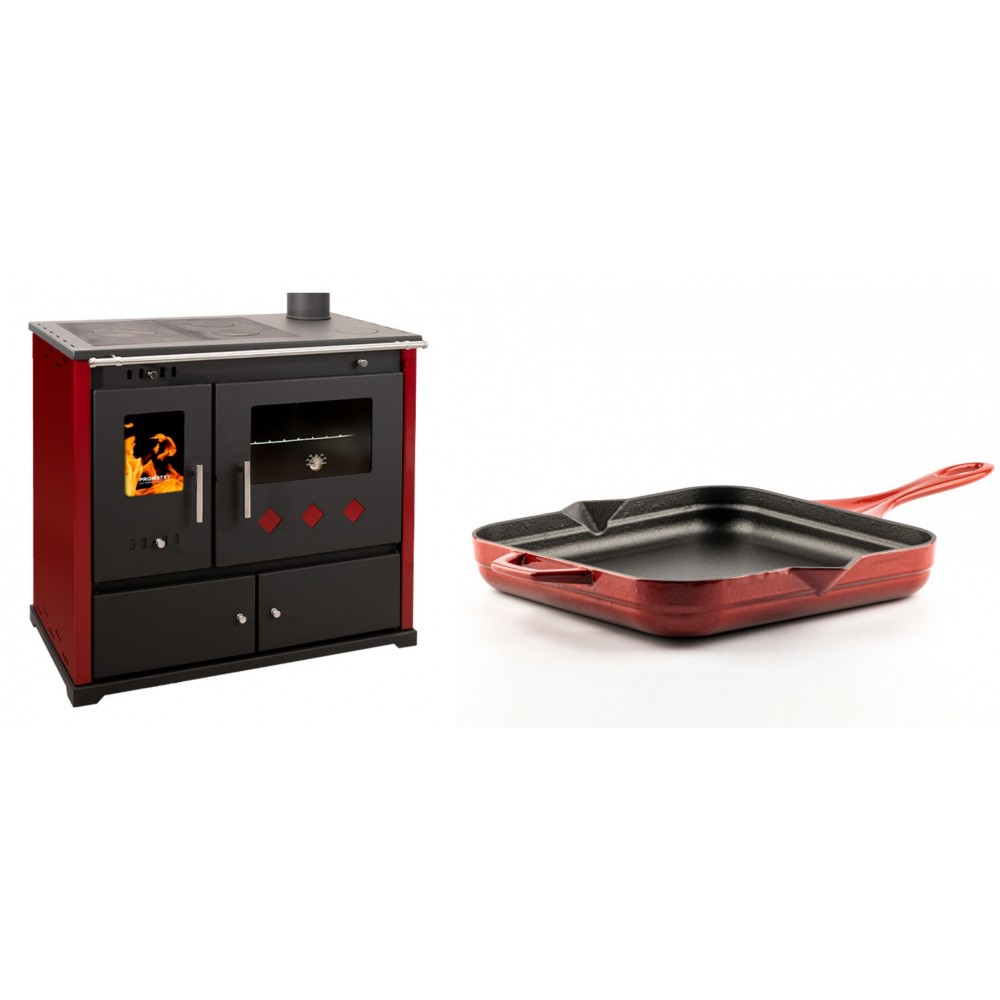 Set Küchenofen / Küchenhexe Prometey Practik Lux mit rechtem Kamin, burgunderrot, 9.5kW + Emaillierte Gusseisenpfanne Solagio, Rubin, 28x28cm | Kaminofen - Holzofen mit Backfach | Kaminofen |