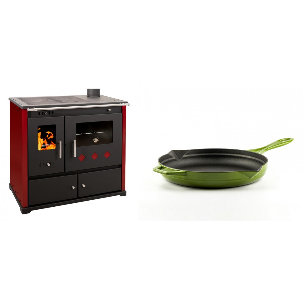 Set Küchenofen / Küchenhexe Prometey Practik Lux mit rechtem Kamin, burgunderrot, 9.5kW + Emaillierte Gusseisenpfanne Solagio, Bamboo, Ф24cm