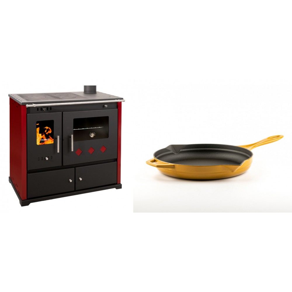 Set Küchenofen / Küchenhexe Prometey Practik Lux mit rechtem Kamin, burgunderrot, 9.5kW + Emaillierte Gusseisenpfanne Solagio, Dijon, Ф24cm | Kaminofen - Holzofen mit Backfach | Kaminofen |