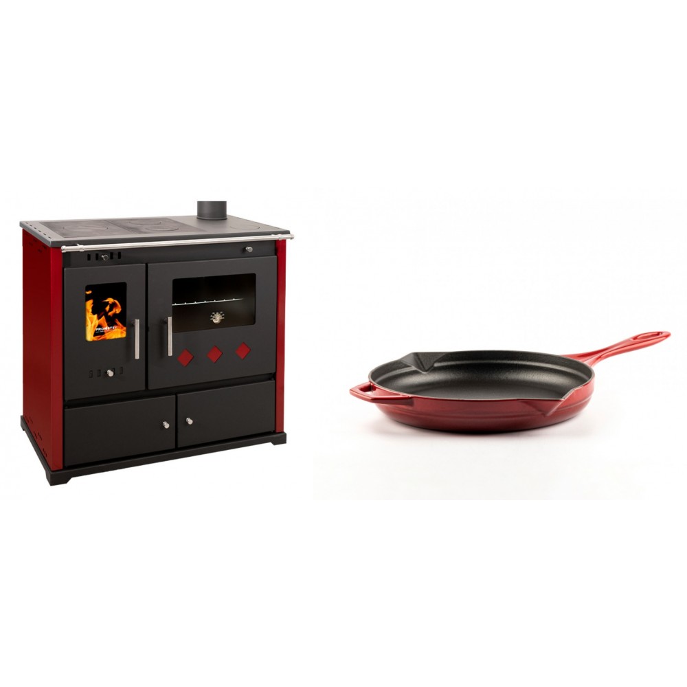 Set Küchenofen / Küchenhexe Prometey Practik Lux mit rechtem Kamin, burgunderrot, 9.5kW + Emaillierte Gusseisenpfanne Solagio, Rubin, Ф24cm