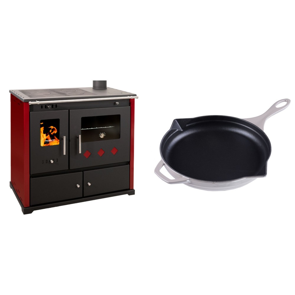 Set Küchenofen / Küchenhexe Prometey Practik Lux mit rechtem Kamin, burgunderrot, 9.5kW + Emaillierte Gusseisenpfanne Solagio, Ivory, Ф28cm | Kaminofen - Holzofen mit Backfach | Kaminofen |