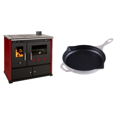 Set Küchenofen / Küchenhexe Prometey Practik Lux mit rechtem Kamin, burgunderrot, 9.5kW + Emaillierte Gusseisenpfanne Solagio, Ivory, Ф28cm - Kaminofen - Holzofen mit Backfach