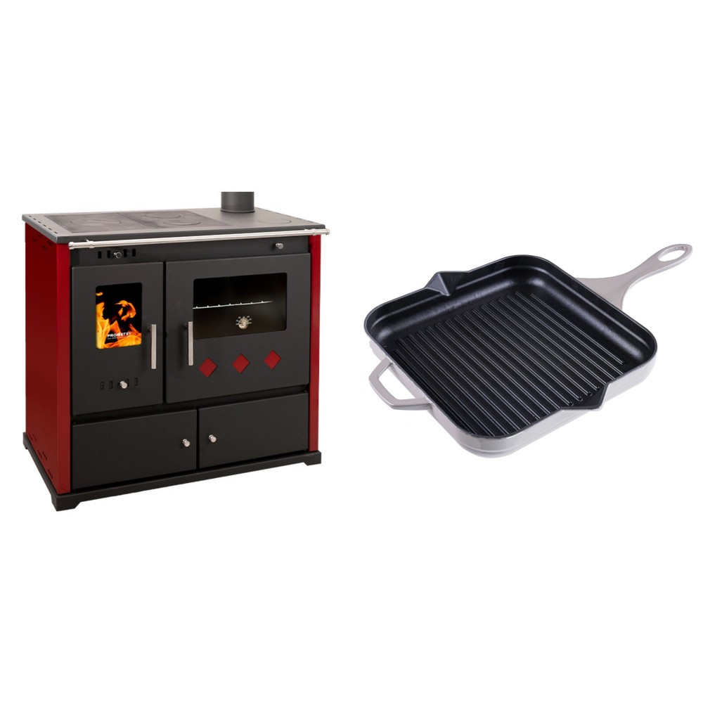 Set Küchenofen / Küchenhexe Prometey Practik Lux mit rechtem Kamin, burgunderrot, 9.5kW + Emaillierte grillpfanne Gusseisen Solagio, Ivory, 28x28cm