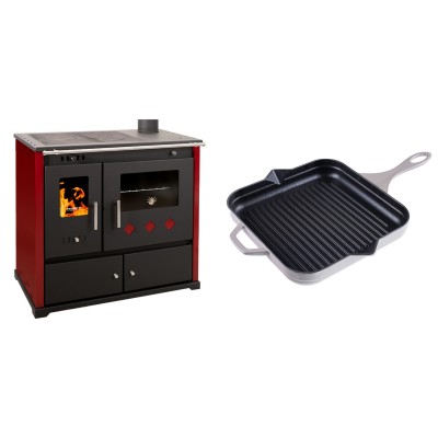 Set Küchenofen / Küchenhexe Prometey Practik Lux mit rechtem Kamin, burgunderrot, 9.5kW + Emaillierte grillpfanne Gusseisen Solagio, Ivory, 28x28cm - Kaminofen - Holzofen mit Backfach