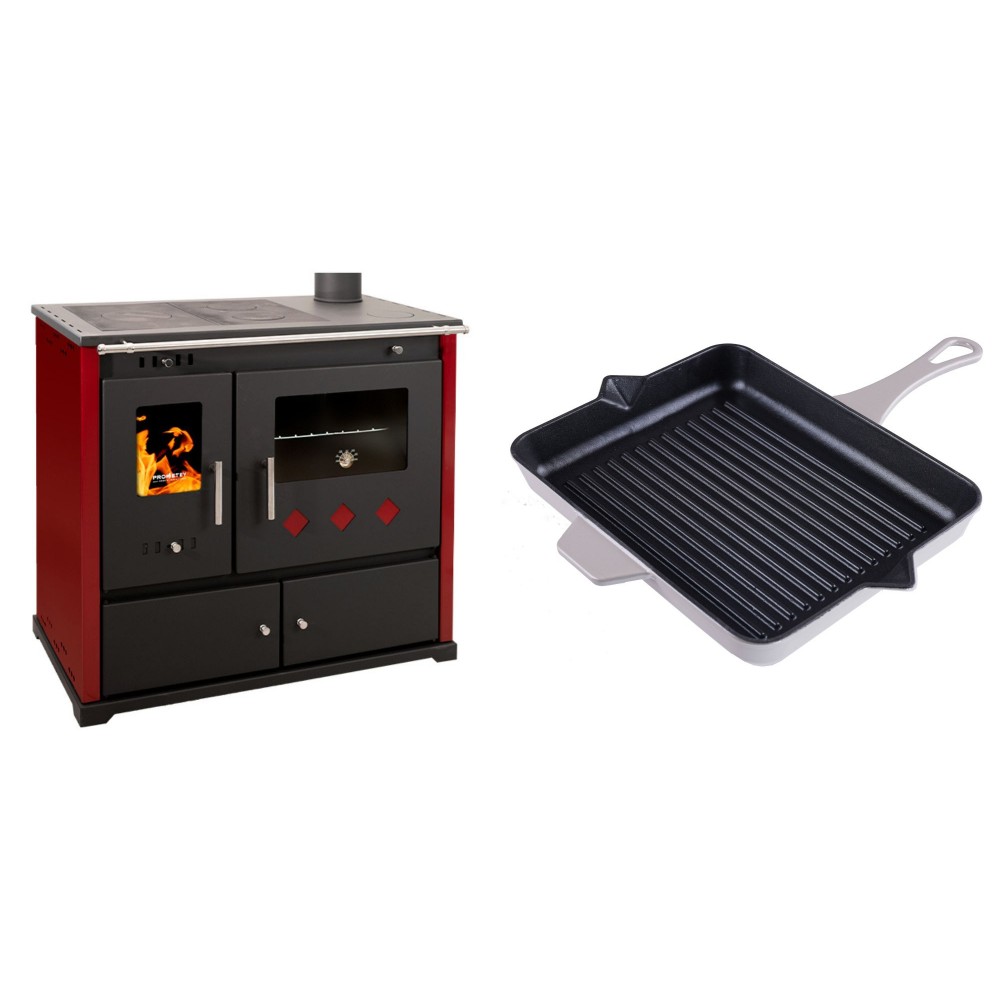 Set Küchenofen / Küchenhexe Prometey Practik Lux mit rechtem Kamin, burgunderrot, 9.5kW + Emaillierte grillpfanne Gusseisen Solagio, Ivory, 26x32cm