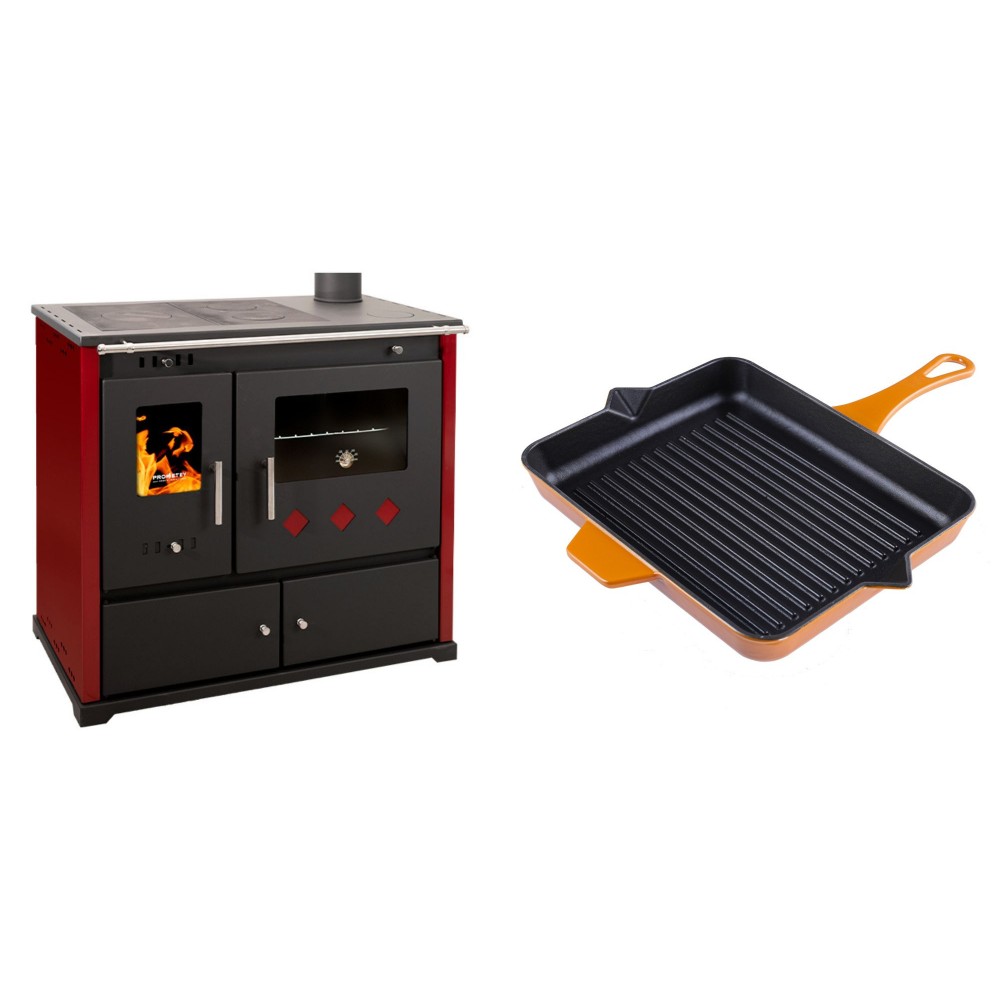 Set Küchenofen / Küchenhexe Prometey Practik Lux mit rechtem Kamin, burgunderrot, 9.5kW + Emaillierte grillpfanne Gusseisen Solagio, Dijon, 26x32cm