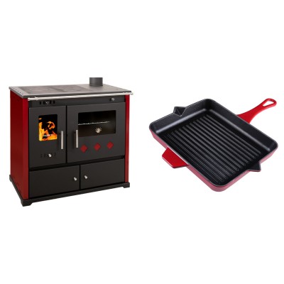 Set Küchenofen / Küchenhexe Prometey Practik Lux mit rechtem Kamin, burgunderrot, 9.5kW + Emaillierte grillpfanne Gusseisen Solagio, Rubin, 26x32cm - Kaminofen - Holzofen mit Backfach