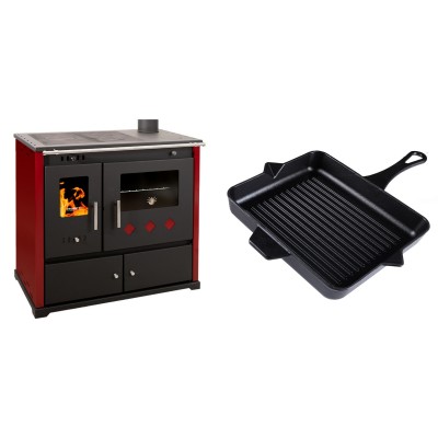 Set Küchenofen / Küchenhexe Prometey Practik Lux mit rechtem Kamin, burgunderrot, 9.5kW + Emaillierte grillpfanne Gusseisen Solagio, Black Onyx, 26x32cm - Kaminofen - Holzofen mit Backfach