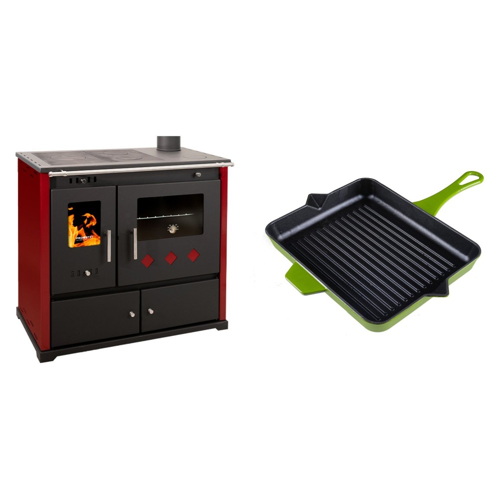 Set Küchenofen / Küchenhexe Prometey Practik Lux mit rechtem Kamin, burgunderrot, 9.5kW + Emaillierte grillpfanne Gusseisen Solagio, Bamboo, 26x32cm | Kaminofen - Holzofen mit Backfach | Kaminofen |