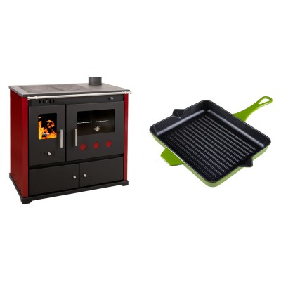 Set Küchenofen / Küchenhexe Prometey Practik Lux mit rechtem Kamin, burgunderrot, 9.5kW + Emaillierte grillpfanne Gusseisen Solagio, Bamboo, 26x32cm - Kaminofen - Holzofen mit Backfach