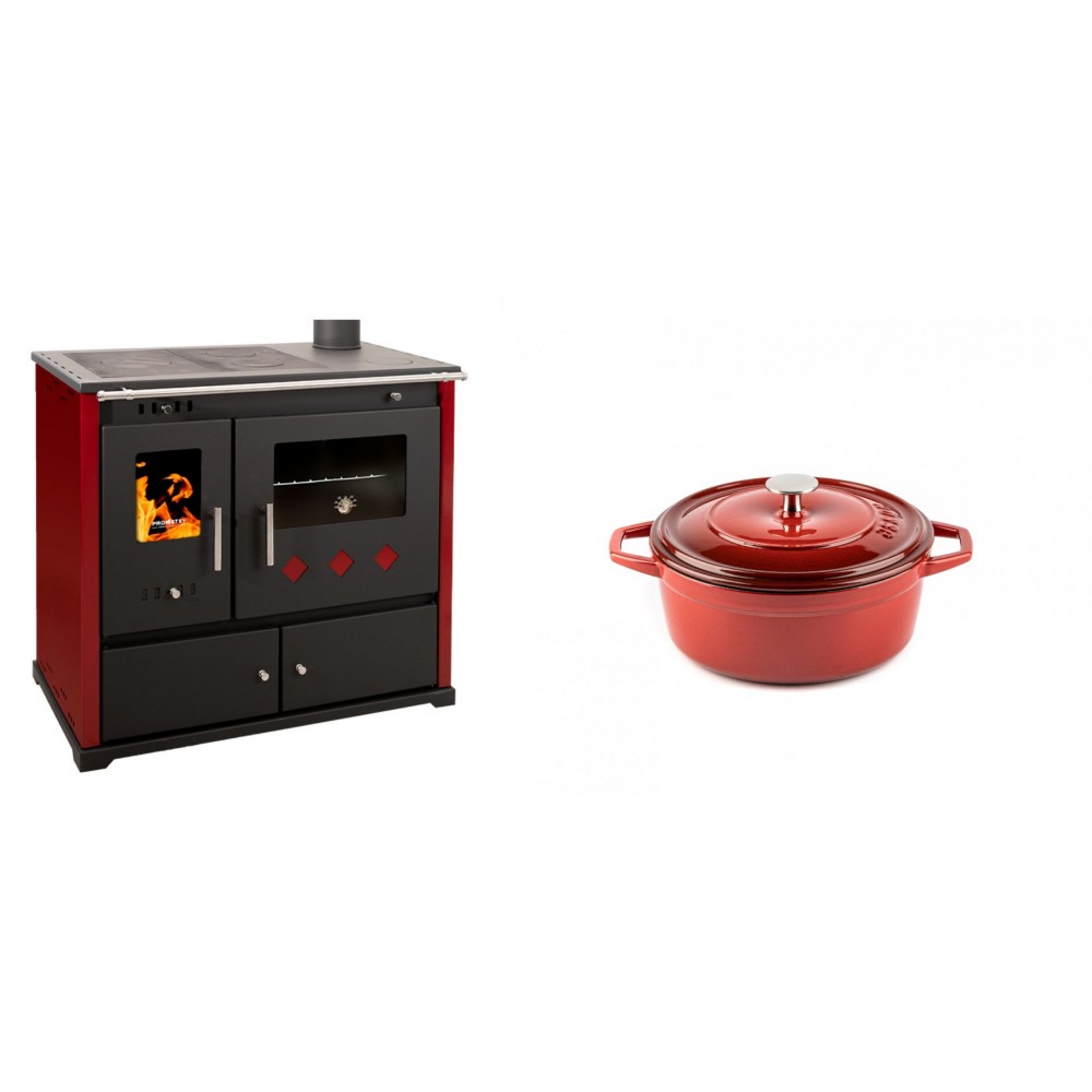 Set Küchenofen / Küchenhexe Prometey Practik Lux mit rechtem Kamin, burgunderrot, 9.5kW + Gusseisen Topf Tiefer Solagio, Rubin, Ф12 | Kaminofen - Holzofen mit Backfach | Kaminofen |