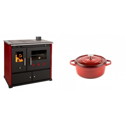 Set Küchenofen / Küchenhexe Prometey Practik Lux mit rechtem Kamin, burgunderrot, 9.5kW + Gusseisen Topf Tiefer Solagio, Rubin, Ф12 - Kaminofen - Holzofen mit Backfach