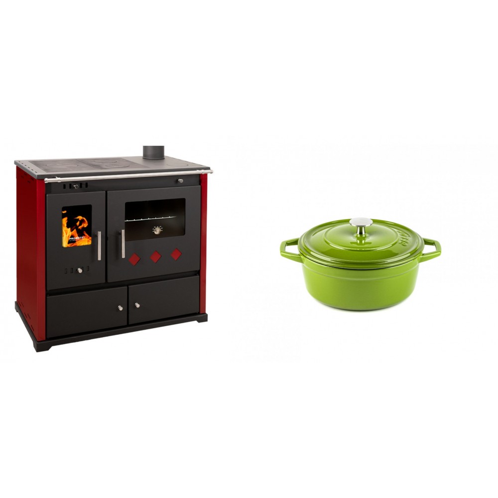 Set Küchenofen / Küchenhexe Prometey Practik Lux mit rechtem Kamin, burgunderrot, 9.5kW + Gusseisen Topf Tiefer Solagio, Bamboo, Ф12