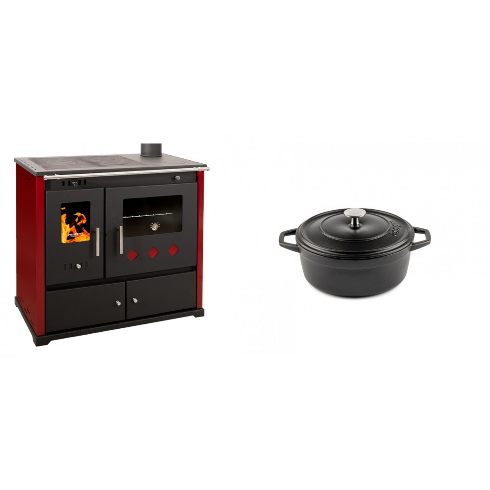 Set Küchenofen / Küchenhexe Prometey Practik Lux mit rechtem Kamin, burgunderrot, 9.5kW + Gusseisen Topf Tiefer Solagio, Black Onyx, Ф12 | Kaminofen - Holzofen mit Backfach | Kaminofen |