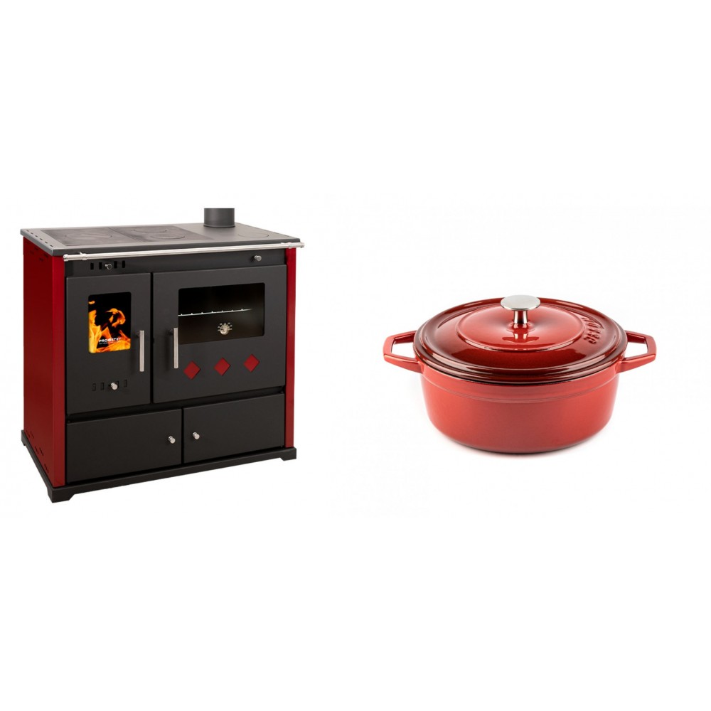 Set Küchenofen / Küchenhexe Prometey Practik Lux mit rechtem Kamin, burgunderrot, 9.5kW + Gusseisen Topf Tiefer Solagio, Rubin, Ф20
