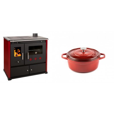 Set Küchenofen / Küchenhexe Prometey Practik Lux mit rechtem Kamin, burgunderrot, 9.5kW + Gusseisen Topf Tiefer Solagio, Rubin, Ф20 - Kaminofen - Holzofen mit Backfach