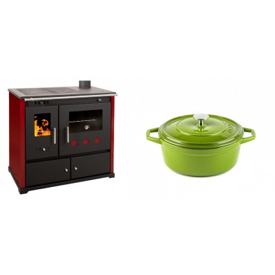 Set Küchenofen / Küchenhexe Prometey Practik Lux mit rechtem Kamin, burgunderrot, 9.5kW + Gusseisen Topf Tiefer Solagio, Bamboo, Ф20 - Kaminofen - Holzofen mit Backfach