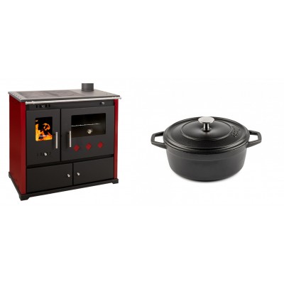 Set Küchenofen / Küchenhexe Prometey Practik Lux mit rechtem Kamin, burgunderrot, 9.5kW + Gusseisen Topf Tiefer Solagio, Black Onyx, Ф20 - Kaminofen - Holzofen mit Backfach