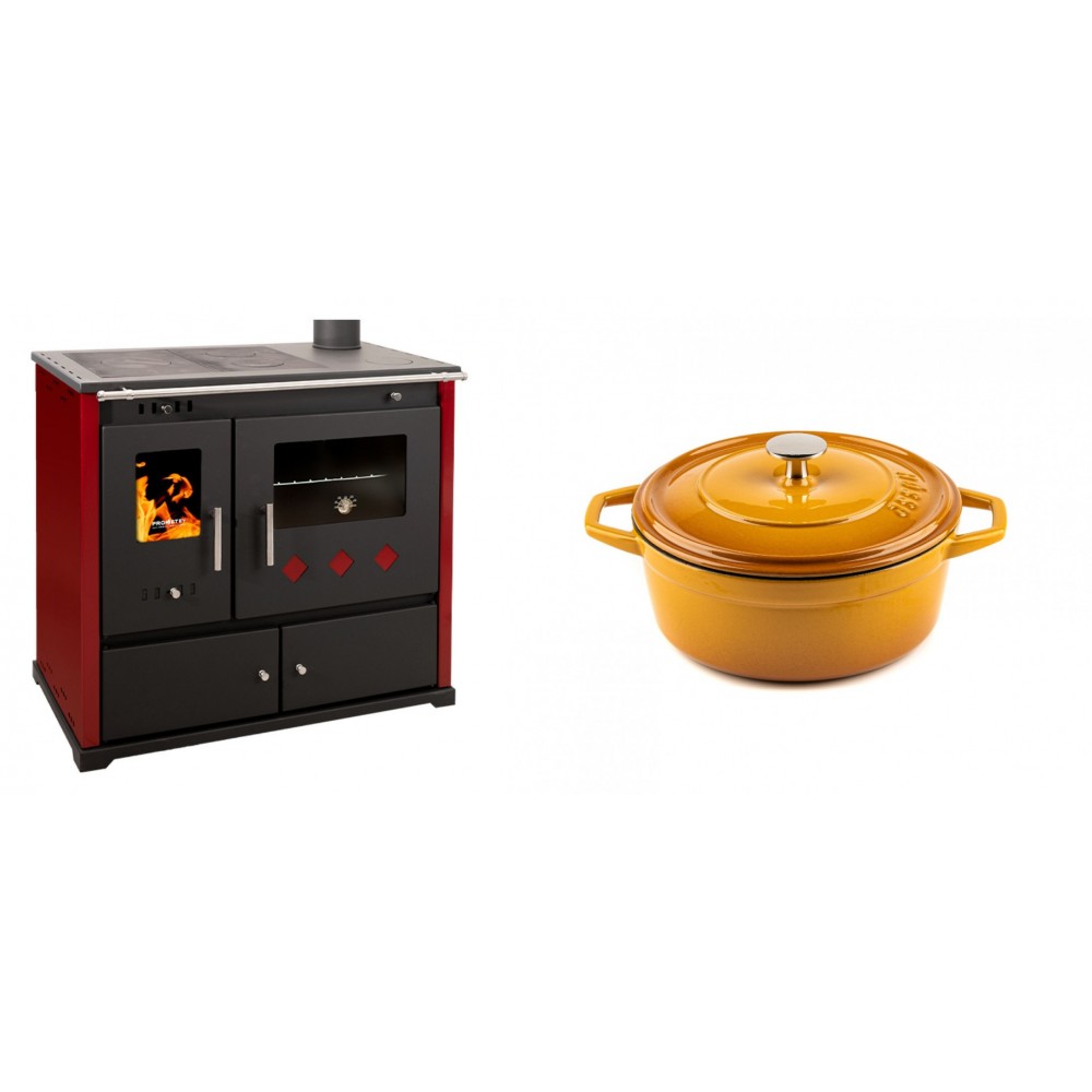 Set Küchenofen / Küchenhexe Prometey Practik Lux mit rechtem Kamin, burgunderrot, 9.5kW + Gusseisen Topf Tiefer Solagio, Dijon, Ф20