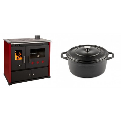 Set Küchenofen / Küchenhexe Prometey Practik Lux mit rechtem Kamin, burgunderrot, 9.5kW + Gusseisen Topf Tiefer Solagio, Black Onyx, Ф24 - Kaminofen - Holzofen mit Backfach