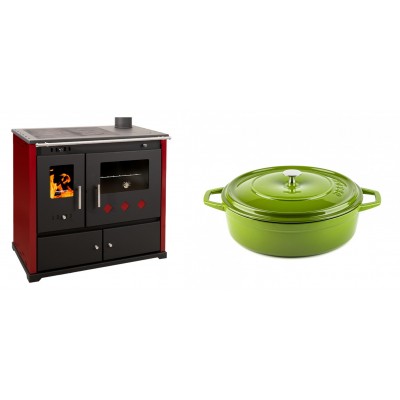 Set Küchenofen / Küchenhexe Prometey Practik Lux mit rechtem Kamin, burgunderrot, 9.5kW + Gusseisen Topf Flach Solagio, Bamboo, Ф26 - Kaminofen - Holzofen mit Backfach