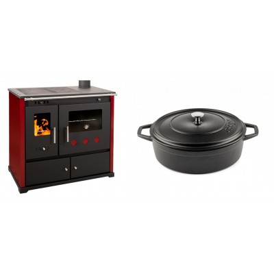 Set Küchenofen / Küchenhexe Prometey Practik Lux mit rechtem Kamin, burgunderrot, 9.5kW + Gusseisen Topf Flach Solagio, Black Onyx, Ф26 - Kaminofen - Holzofen mit Backfach