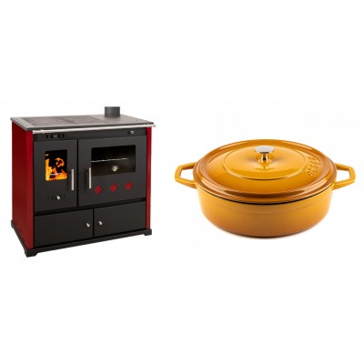 Set Küchenofen / Küchenhexe Prometey Practik Lux mit rechtem Kamin, burgunderrot, 9.5kW + Gusseisen Topf Flach Solagio, Dijon, Ф28 - Kaminofen - Holzofen mit Backfach