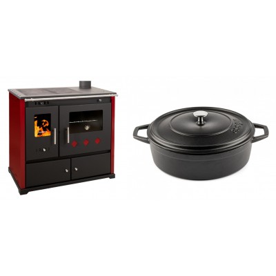 Set Küchenofen / Küchenhexe Prometey Practik Lux mit rechtem Kamin, burgunderrot, 9.5kW + Gusseisen Topf Flach Solagio, Black Onyx, Ф28 - Kaminofen - Holzofen mit Backfach