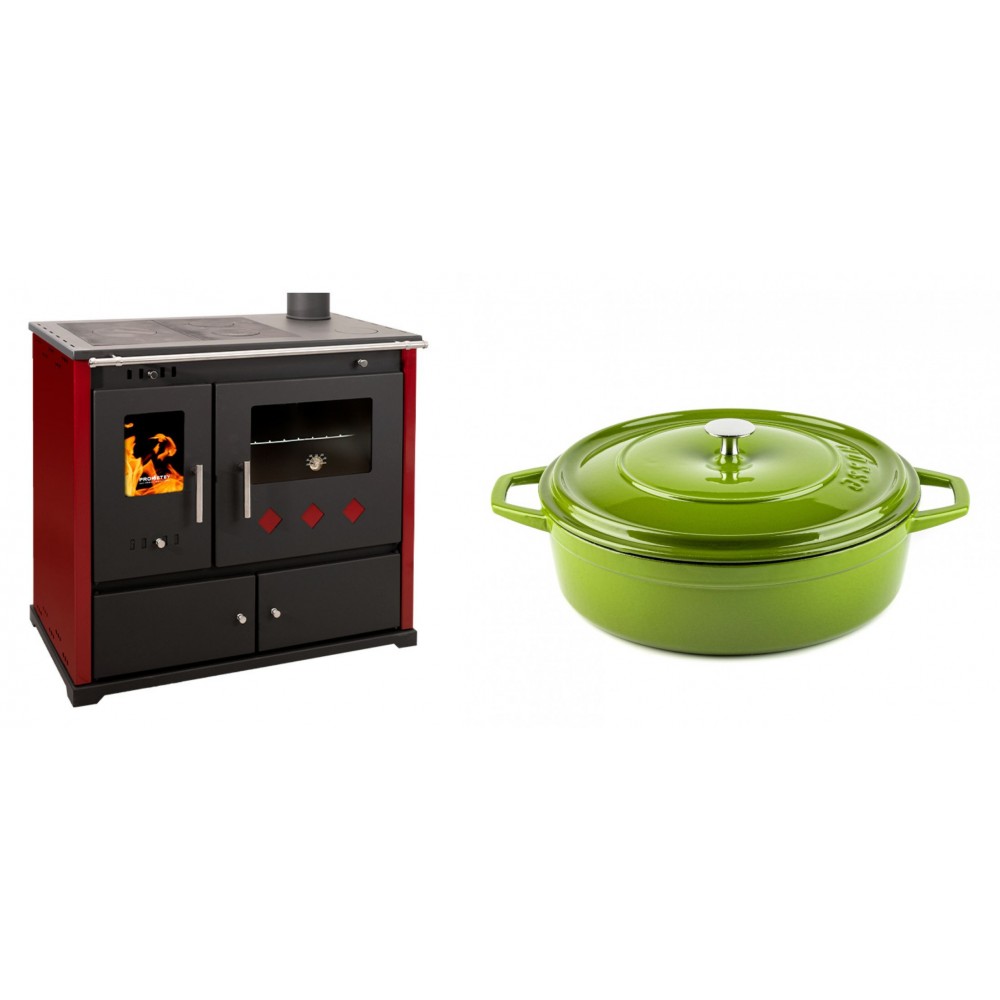 Set Küchenofen / Küchenhexe Prometey Practik Lux mit rechtem Kamin, burgunderrot, 9.5kW + Gusseisen Topf Flach Solagio, Bamboo, Ф28