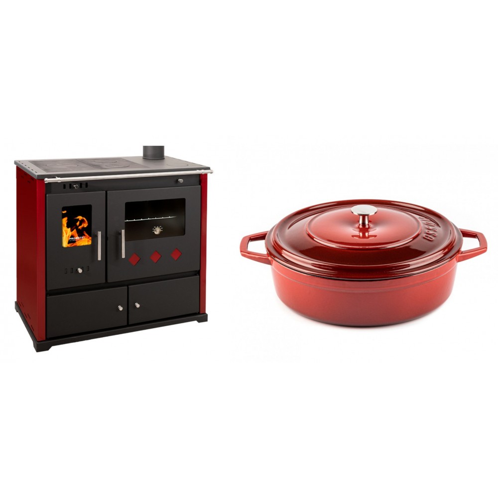 Set Küchenofen / Küchenhexe Prometey Practik Lux mit rechtem Kamin, burgunderrot, 9.5kW + Gusseisen Topf Flach Solagio, Rubin, Ф28