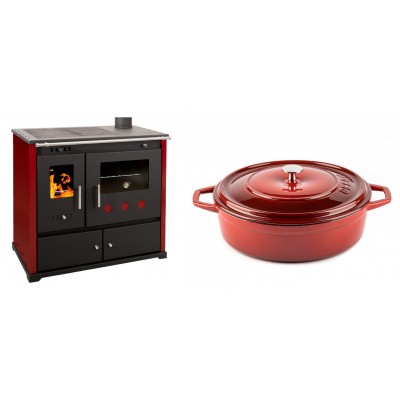 Set Küchenofen / Küchenhexe Prometey Practik Lux mit rechtem Kamin, burgunderrot, 9.5kW + Gusseisen Topf Flach Solagio, Rubin, Ф28 - Kaminofen - Holzofen mit Backfach
