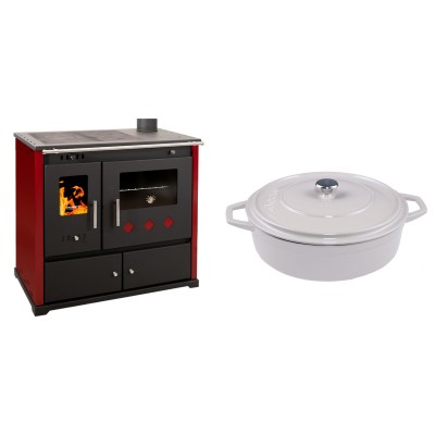 Set Küchenofen / Küchenhexe Prometey Practik Lux mit rechtem Kamin, burgunderrot, 9.5kW + Gusseisen Topf Flach Solagio, Ivory, Ф28 - Kaminofen - Holzofen mit Backfach