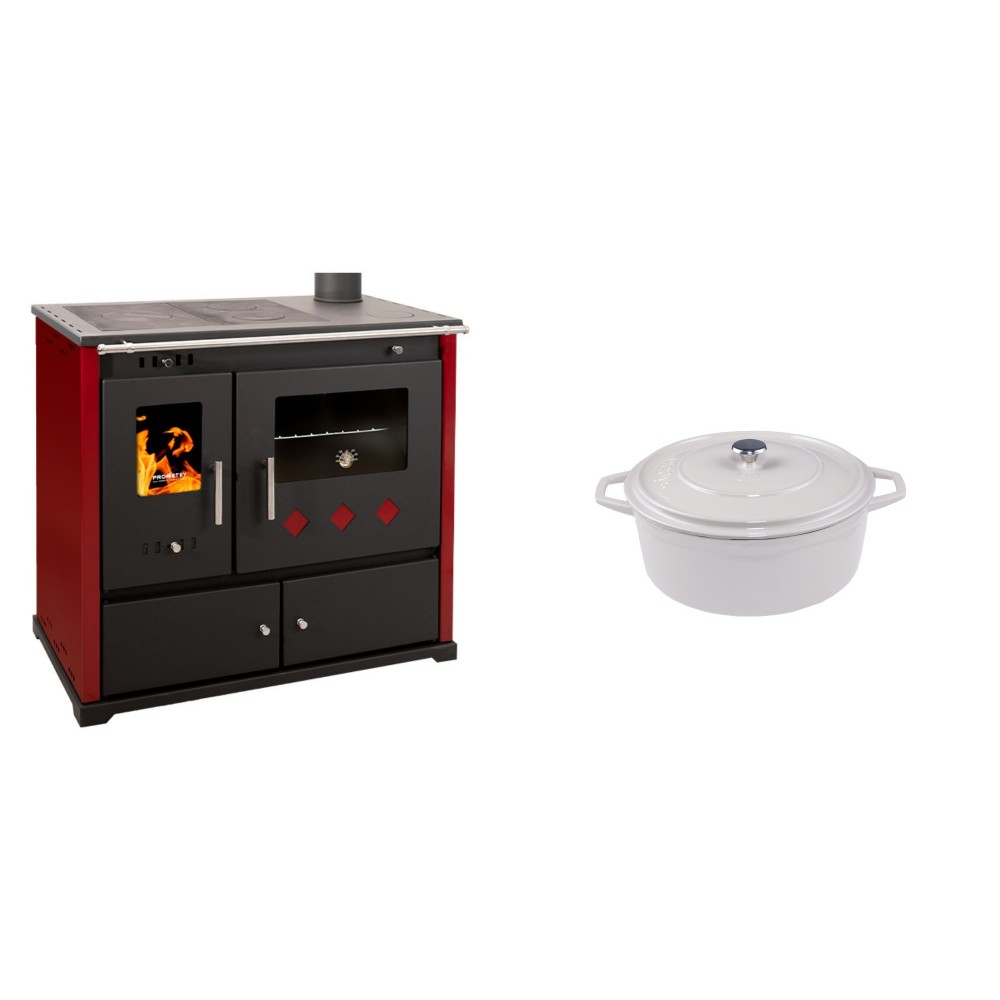 Set Küchenofen / Küchenhexe Prometey Practik Lux mit rechtem Kamin, burgunderrot, 9.5kW + Gusseisen Topf Tiefer Solagio, Ivory, Ф12